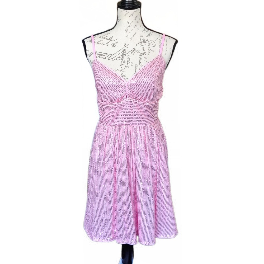 Women's Pink Sequin Corset Back Fit Flare A-Line Mini Dress L Strappy Barbiecore